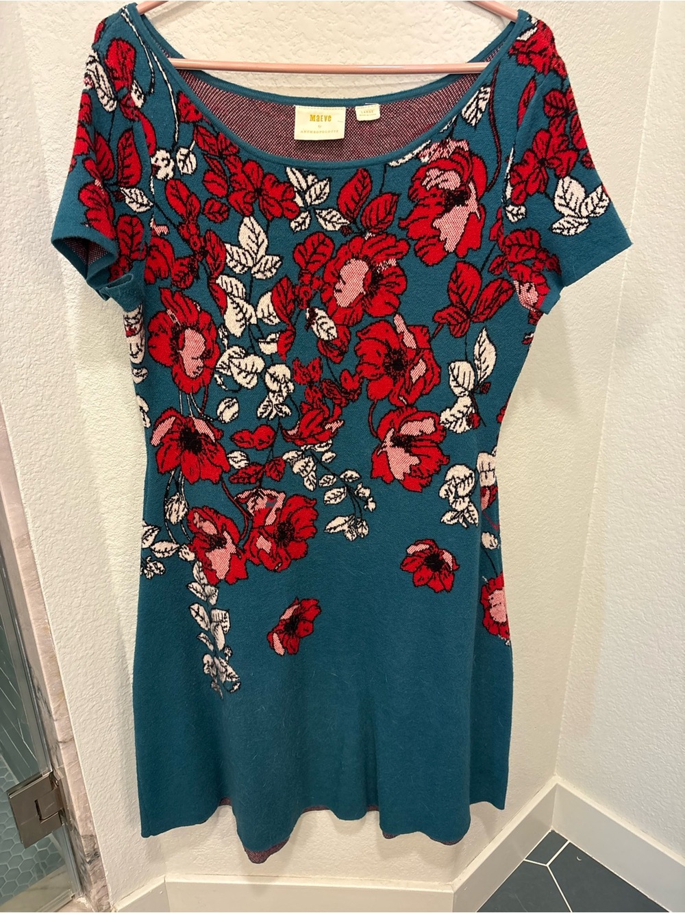 Anthropologie Teal Knit Dress with Red Floral Motif